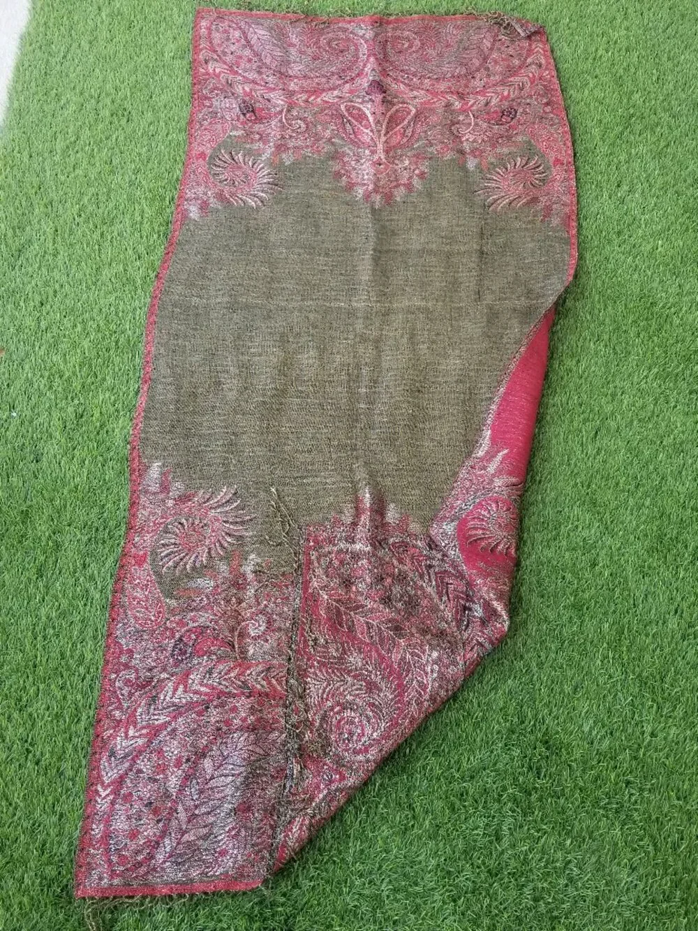 Wool Blanket Scarf Olive Green Brick Red Gold Metallic Threads Paisley Reverses